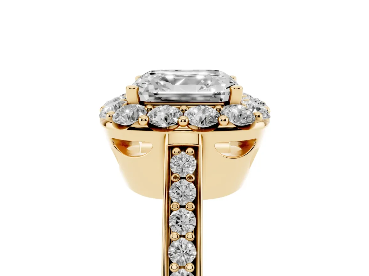 Asscher Cut Diamond Floral Halo Ring with Pavé Band and Prong Setting Yellow gold