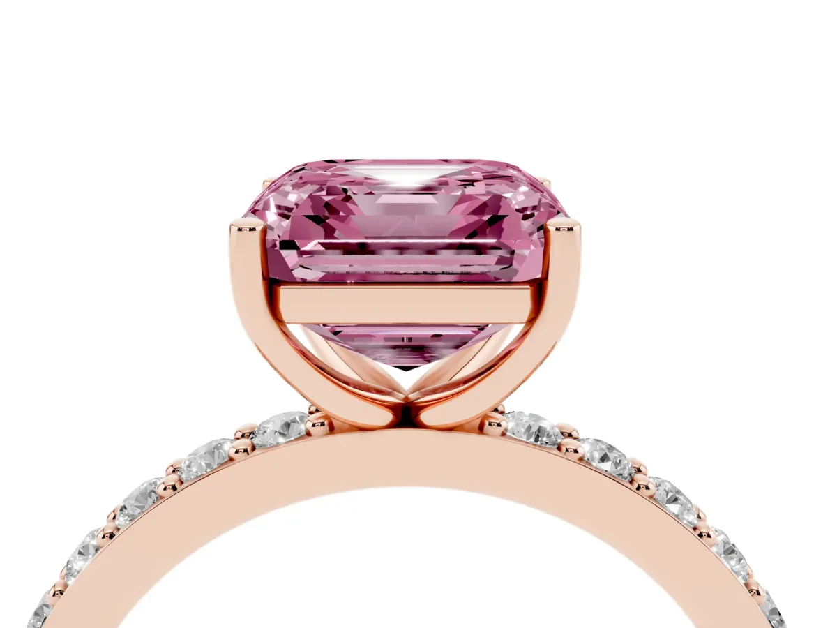 Fancy Pink Asscher Cut Cut Diamond Solitaire with Pave Band and Four-Prong Setting Rose gold