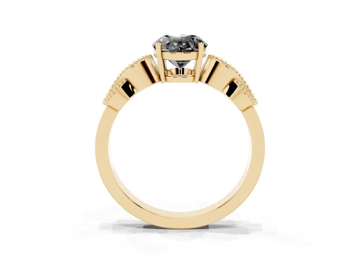 Fancy Black Oval Cut Solitaire Milgrain Leaf Band with Prong Setting Yellow gold