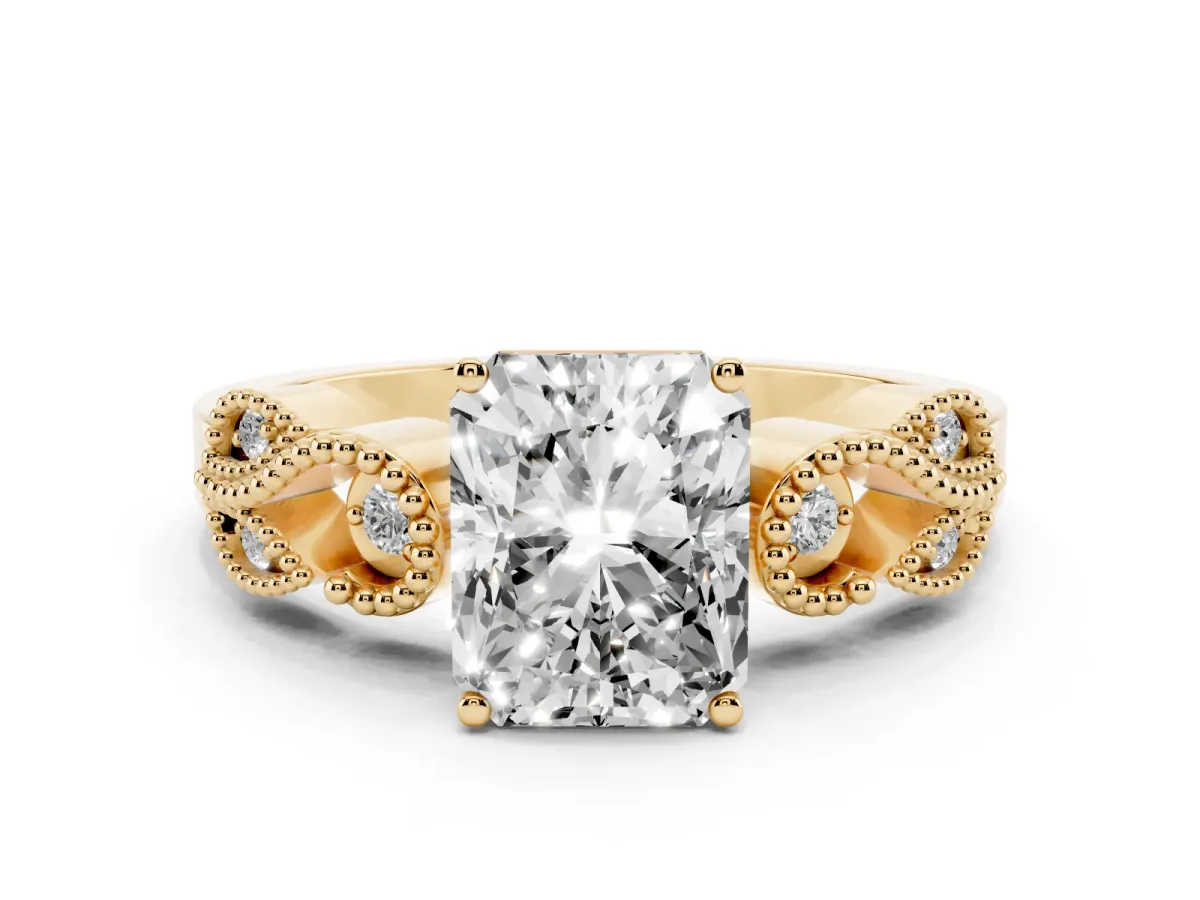 Radiant Cut Solitaire Milgrain Leaf Band with Prong Setting Yellow gold