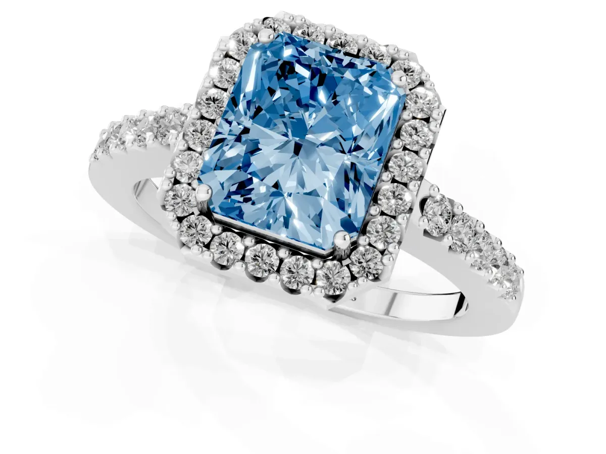 Fancy Blue Radiant Cut Halo Diamond Pavé Solitaire Ring Silver