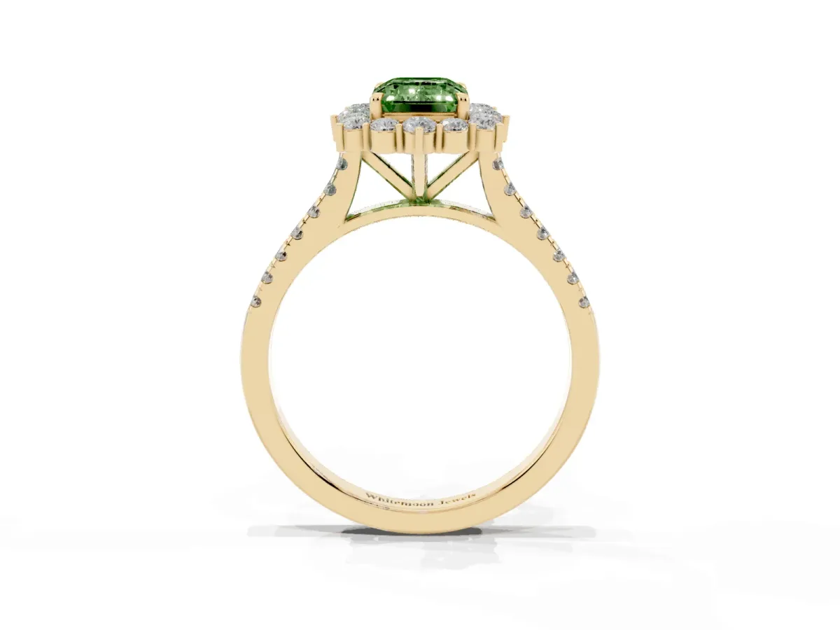 Fancy Green Emerald Cut Halo Diamond Ring with Pavé Band and Prong Setting Yellow gold