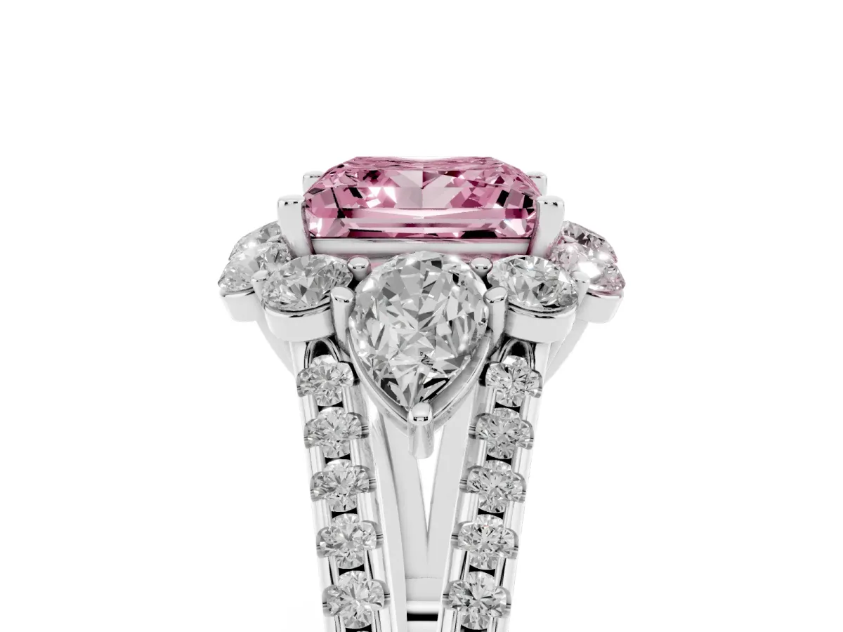 Fancy Pink Princess Cut Halo Split Shank Diamond Engagement Ring with Prong Setting Platinum