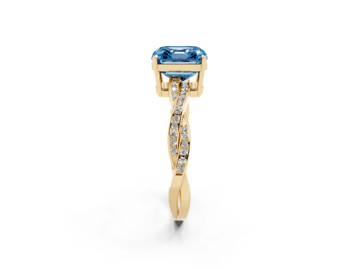 Fancy Blue Asscher Cut Solitaire Twisted Pave Diamond Ring with Four-Prong Setting Yellow gold