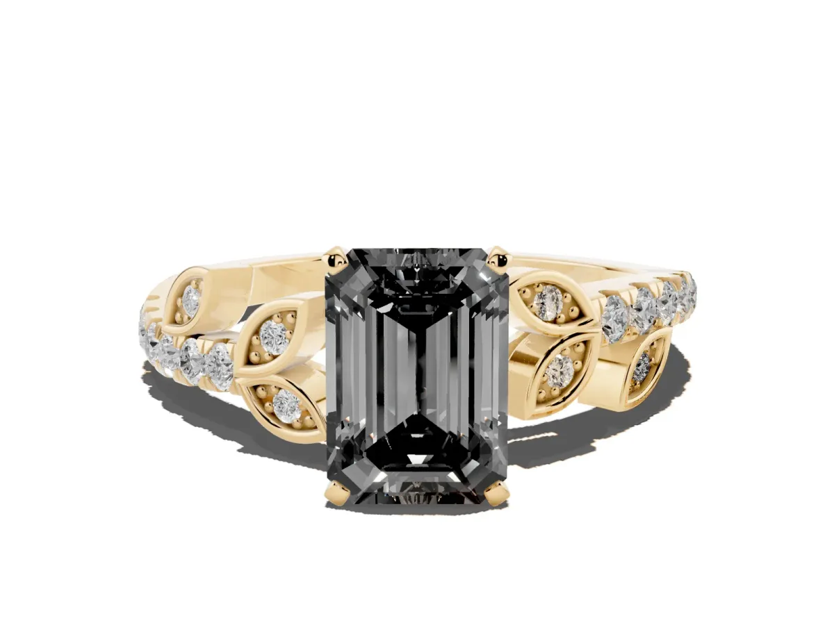 Fancy Black Emerald Cut Solitaire Leaf-Inspired Diamond Ring with Pavé Band and Four-Prong Setting Yellow gold