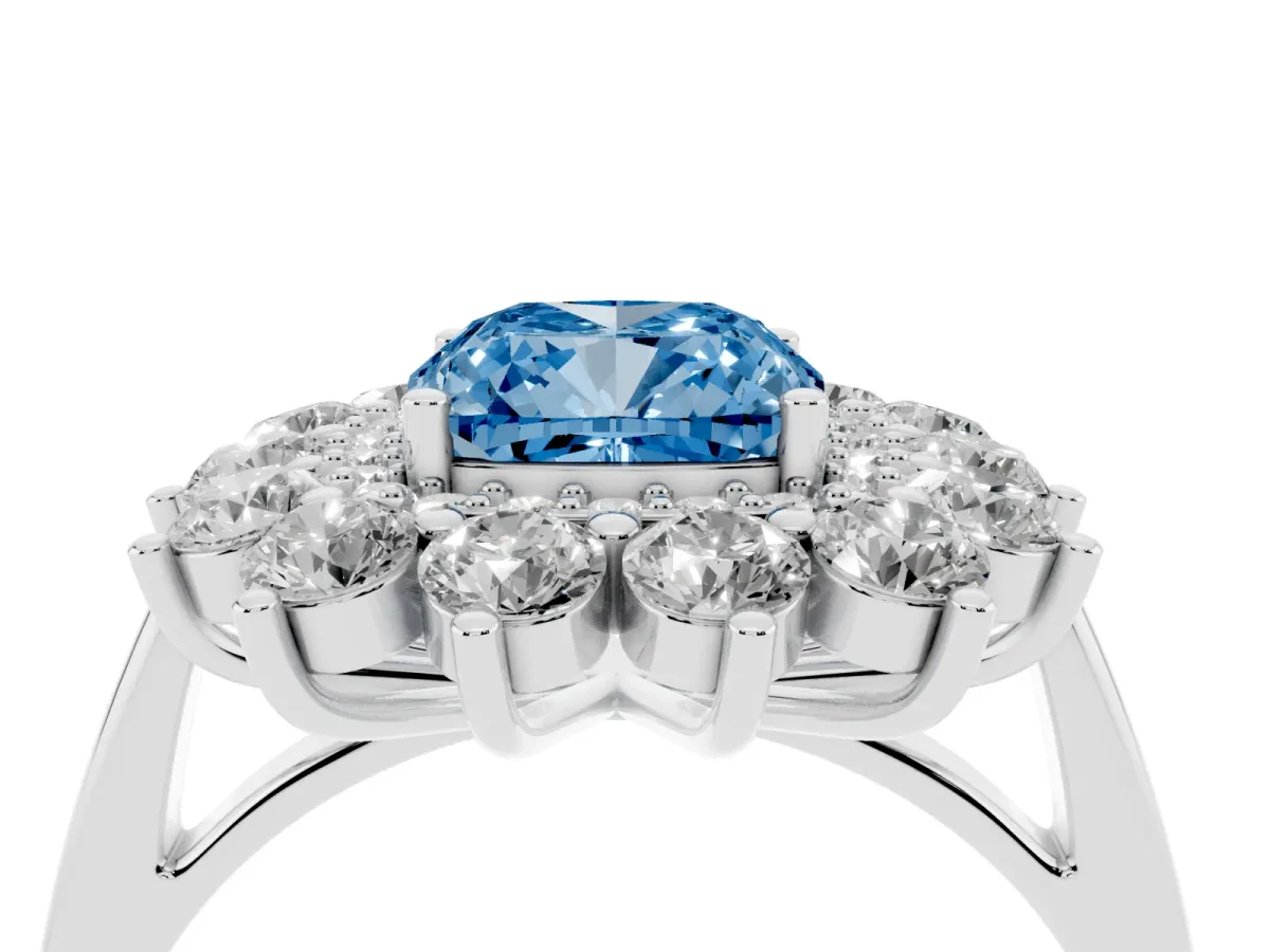 Fancy Blue Cushion Cut Diamond Floral Double Halo Engagement Ring with Prong Setting Platinum
