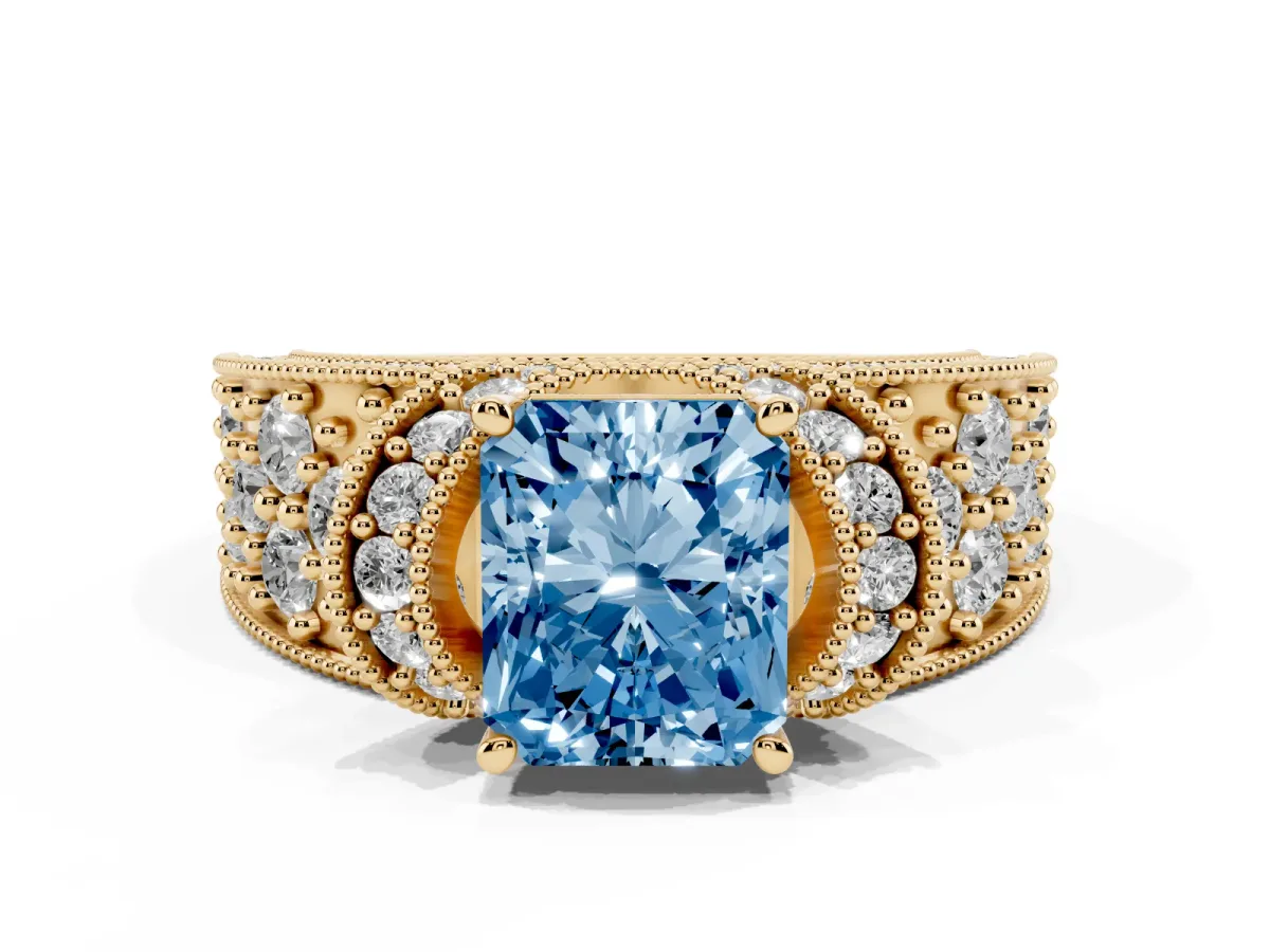 Fancy Blue Radiant Cut Halo Pave Diamond Engagement Ring with Milgrain Detailing Yellow gold