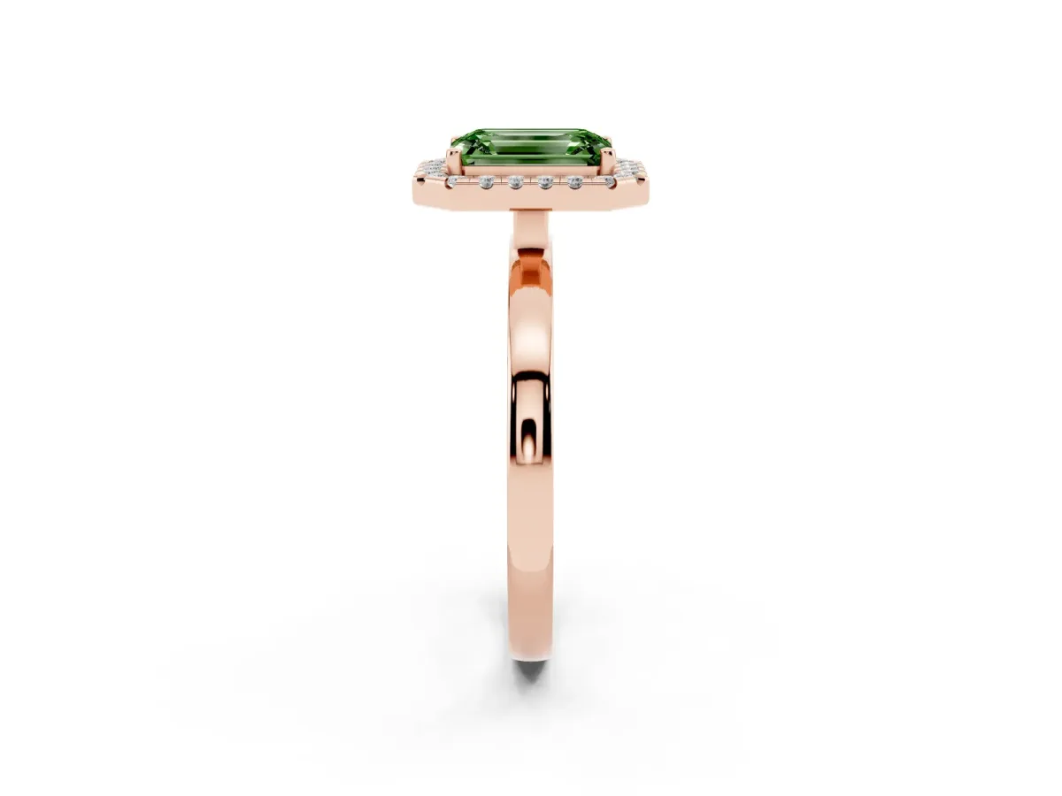 Fancy Green Emerald Cut Halo Diamond Solitaire with Pavé Band and Four-Prong Setting Rose gold