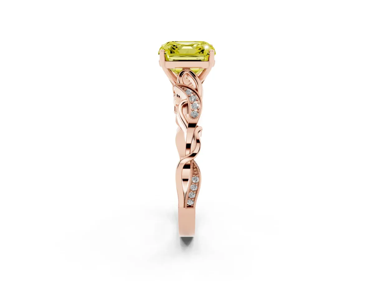 Fancy Yellow Asscher Cut Solitaire Vine Band with Milgrain Prong Setting Rose gold