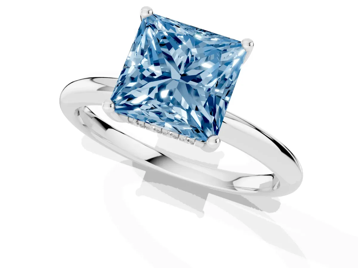 Fancy Blue Princess Cut Cut Solitaire Engagement Ring with Four-Prong Setting and Classic Band Silver
