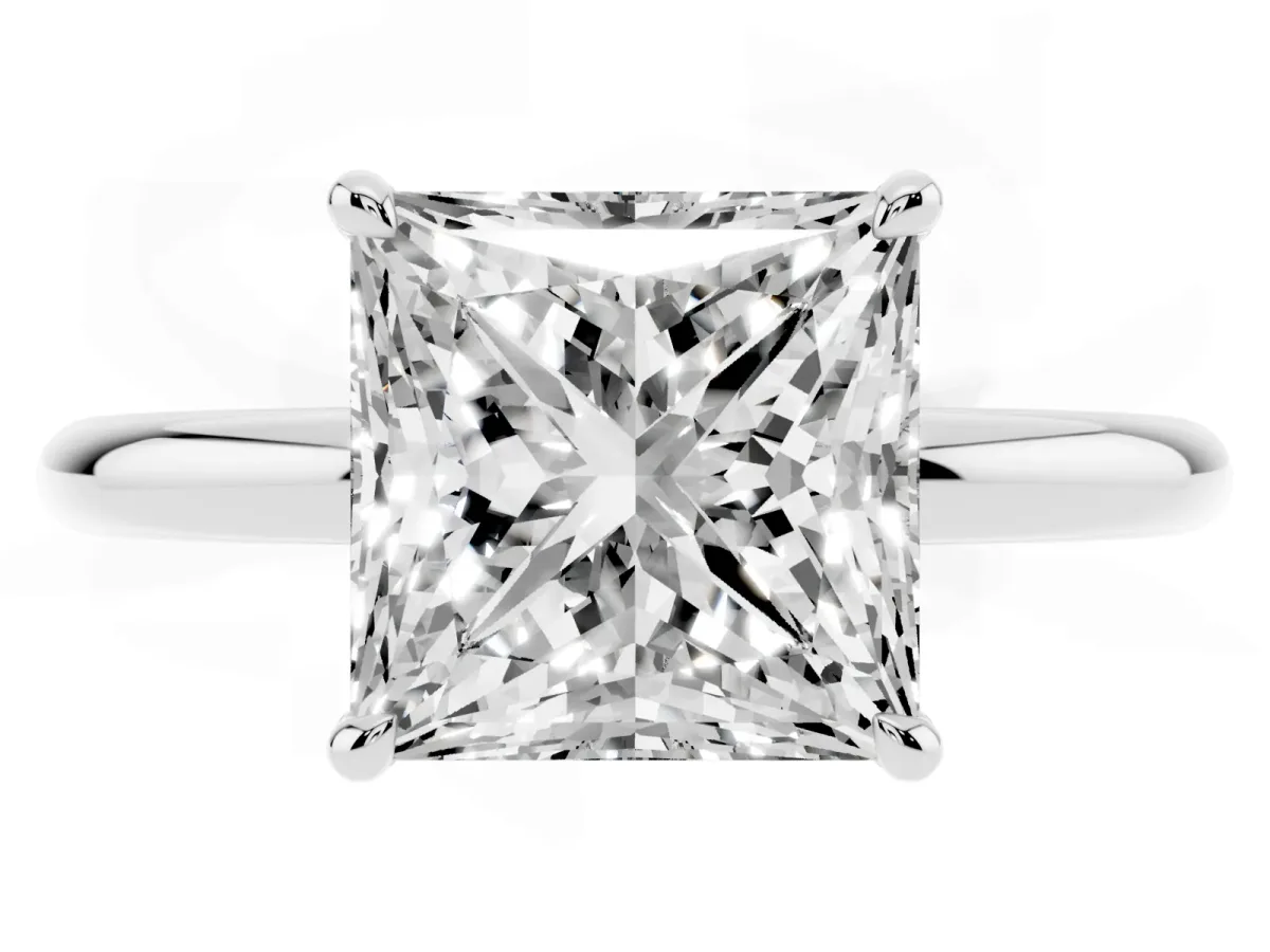 Princess Cut Diamond Solitaire Ring with Thin Band and Four-Prong Setting Silver
