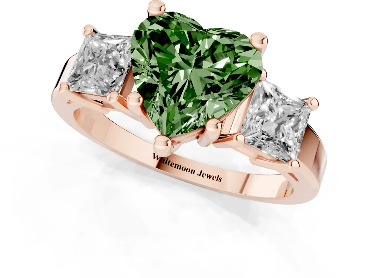 Fancy Green Three-Stone Heart Cut Cut Solitaire Ring with Prong Setting Rose gold