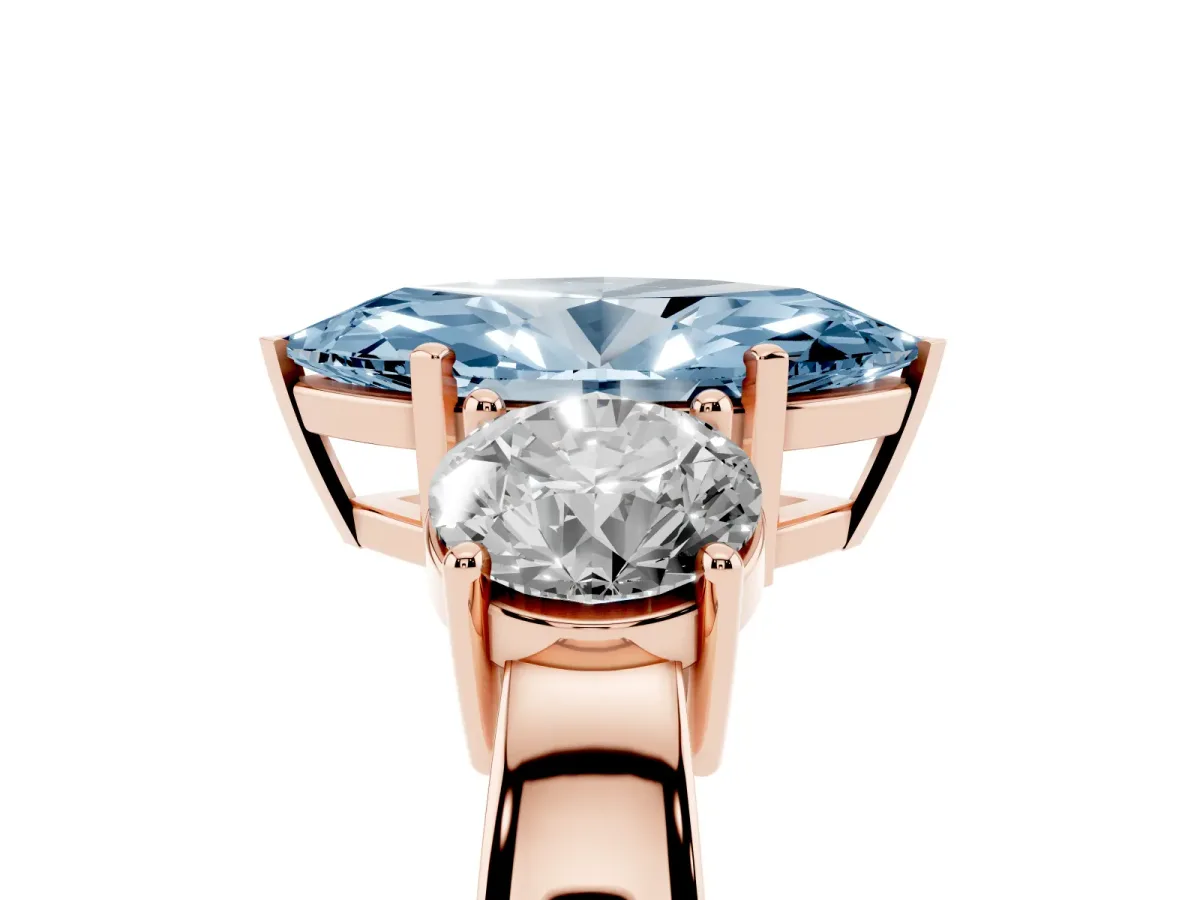 Fancy Blue Three-Stone Marquise Cut Diamond Ring with Round Side Stones, Classic Band, and Four-Prong Setting Rose gold