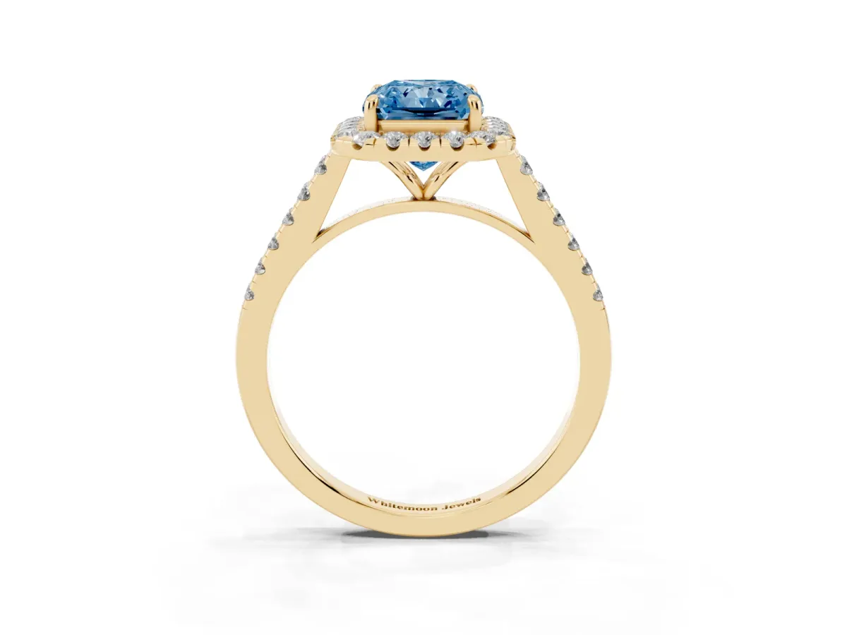 Fancy Blue Radiant Cut Halo Pave Diamond Engagement Ring with Four-Prong Setting Yellow gold