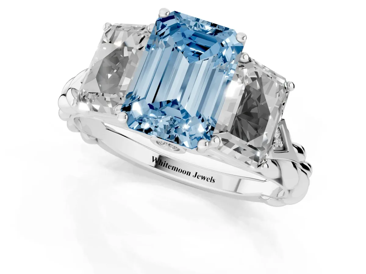 Fancy Blue Three-Stone Emerald Cut Diamond Braided Band Ring with Four-Prong Setting Platinum