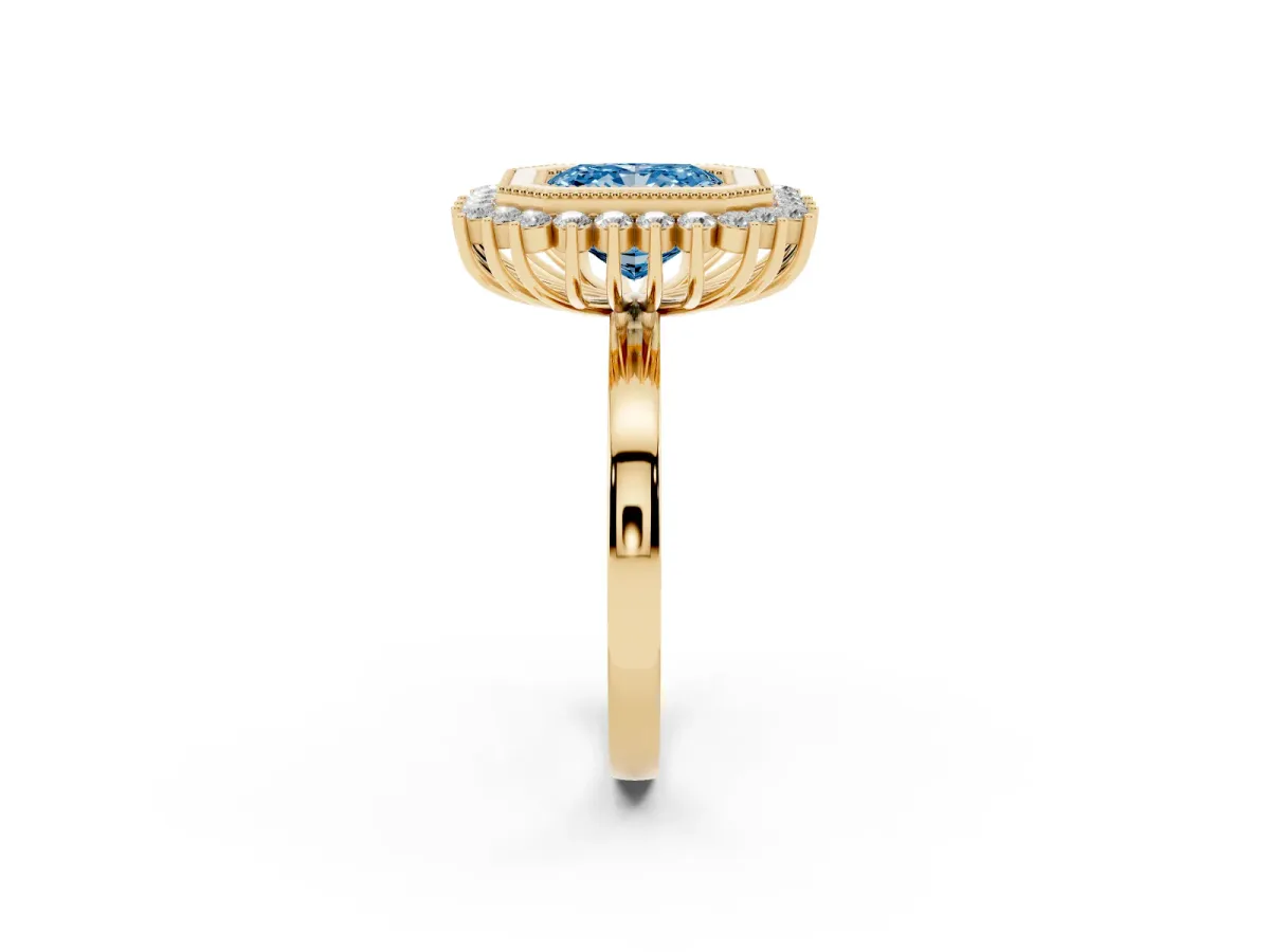 Fancy Blue Radiant Cut Halo Diamond Ring with Milgrain Edge and Round Prong Setting Yellow gold