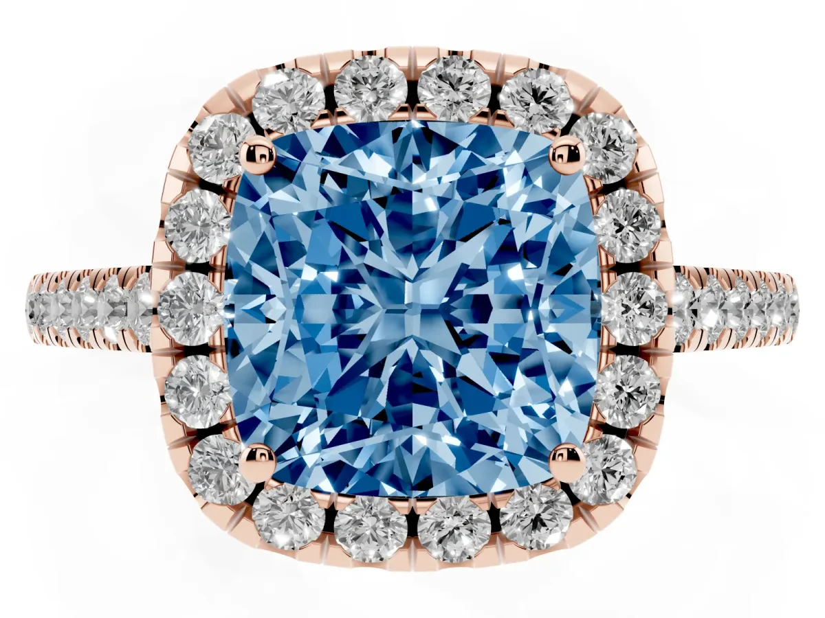 Fancy Blue Cushion Cut Halo Pavé Diamond Engagement Ring with Four-Prong Setting Rose gold