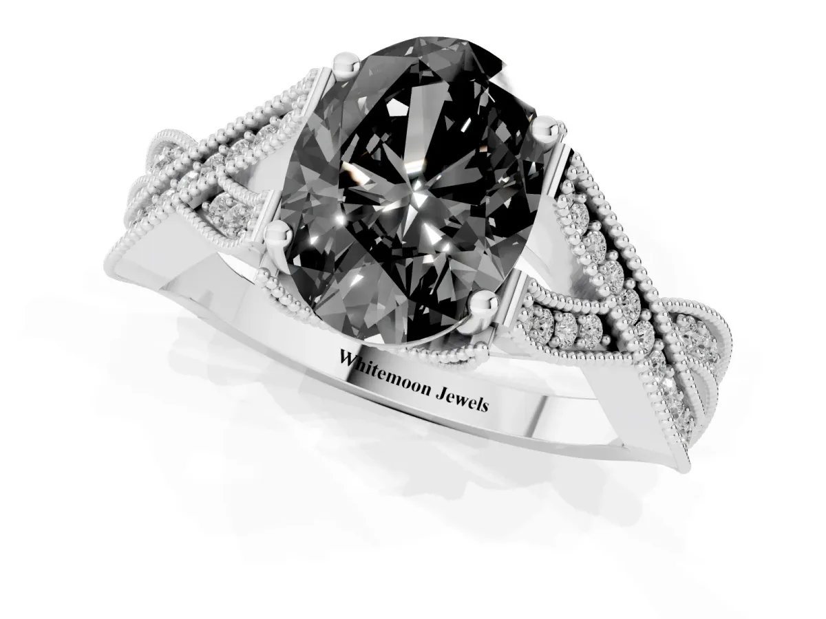Fancy Black Oval Cut Cut Diamond Twisted Band with Milgrain Pave Setting and Four-Prong Setting Silver