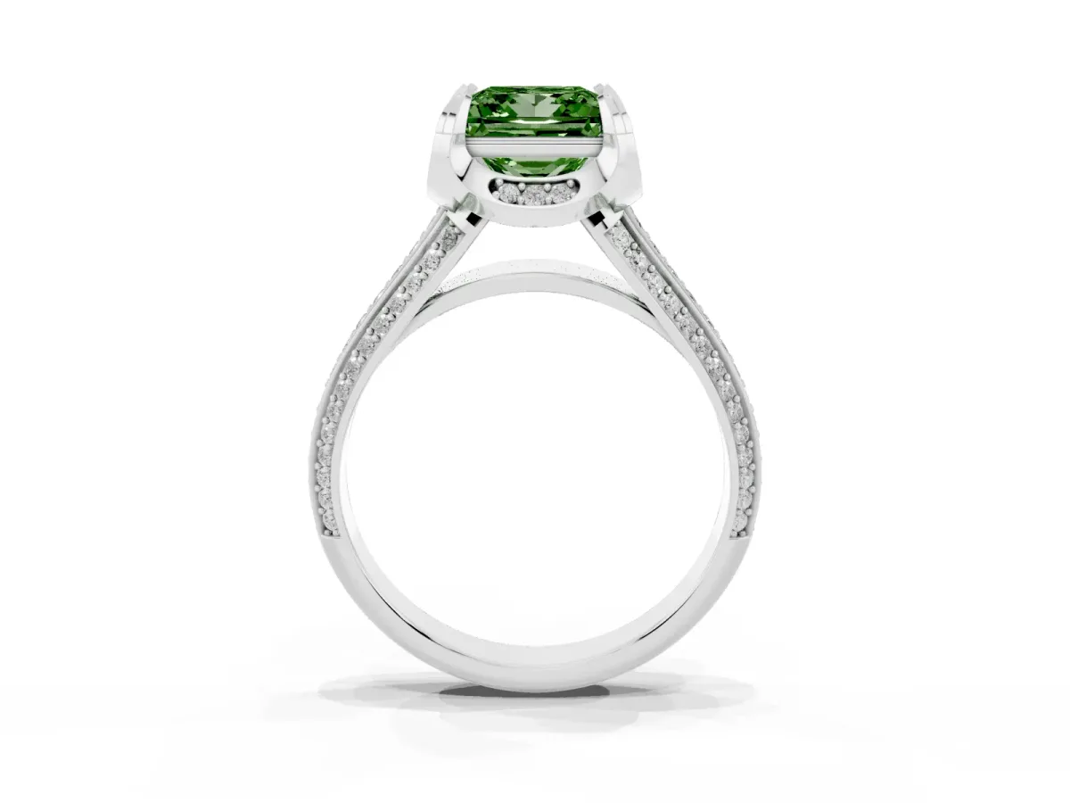 Fancy Green Princess Cut Solitaire Pave Split Shank Ring with Four-Prong Setting Silver