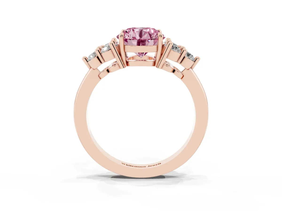 Fancy Pink Round Cut Brilliant Diamond Cluster Accent Solitaire Ring with Prong Setting Rose gold