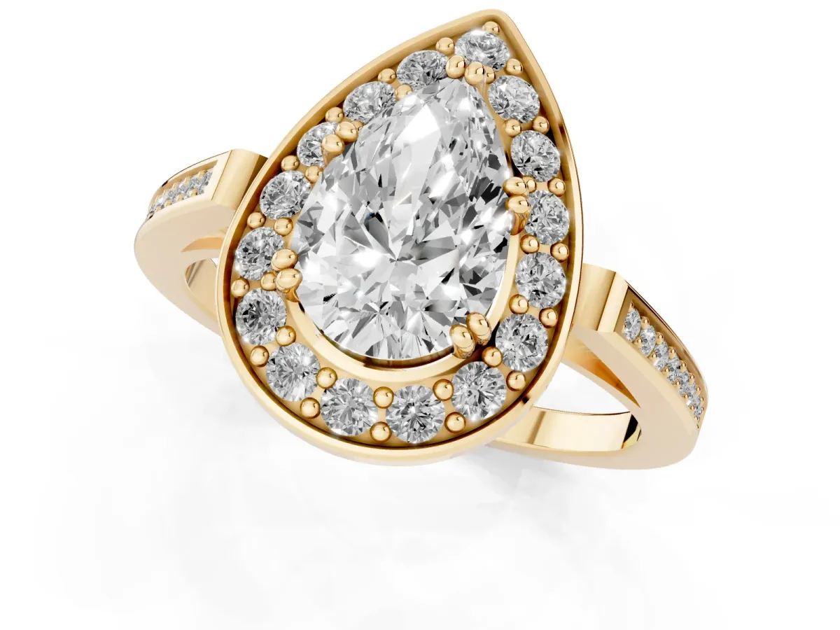 Pear Cut Diamond Halo Ring with Split Shank and Four-Prong Setting Yellow gold
