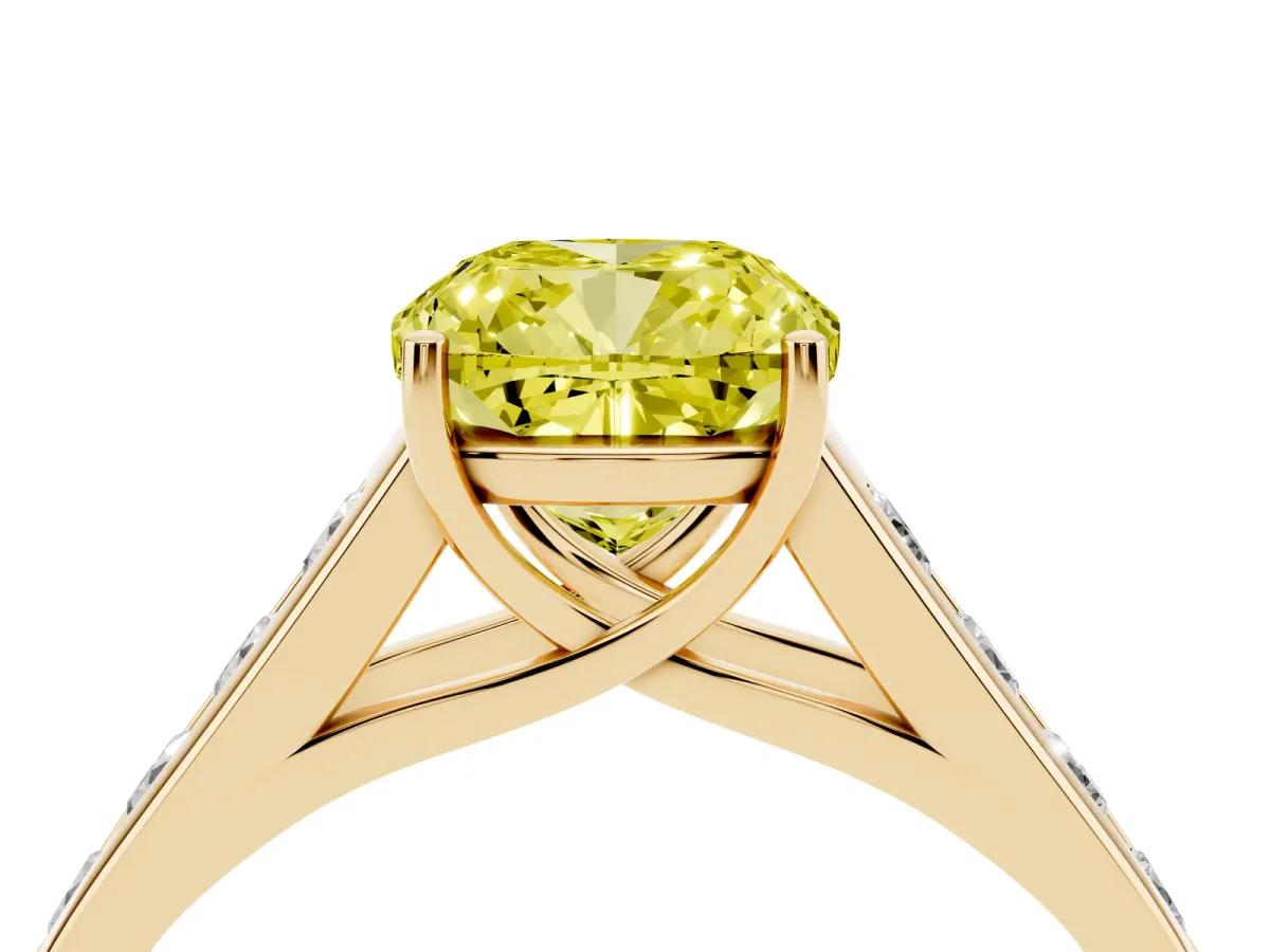 Fancy Yellow Cushion Cut Solitaire Channel-Set Diamond Engagement Ring with Four-Prong Setting Yellow gold