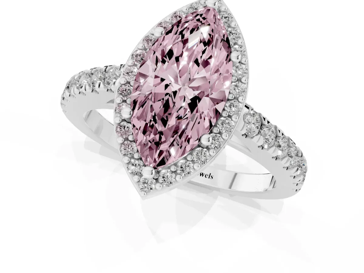 Fancy Pink Marquise Cut Cut Halo Diamond Engagement Ring with Pave Band and Four-Prong Setting White gold