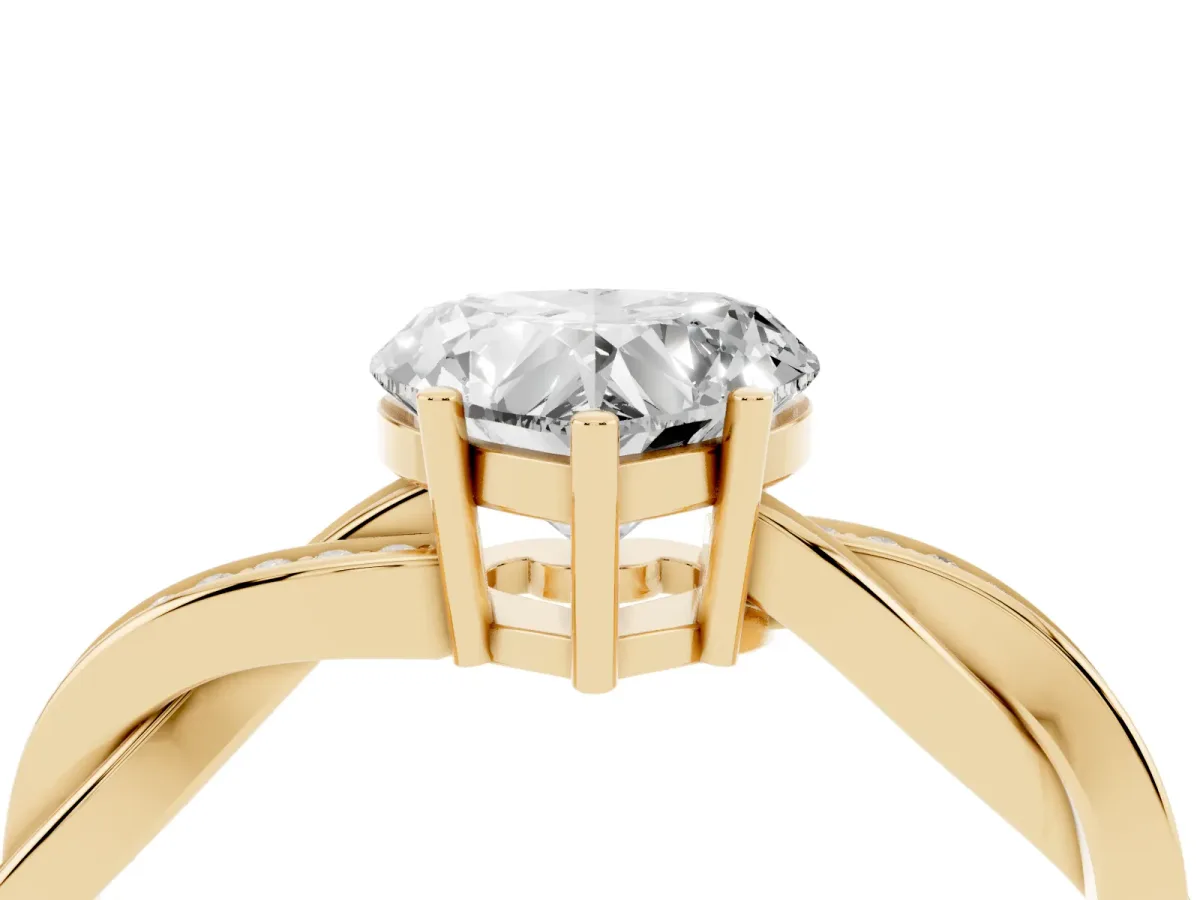 Heart Cut Solitaire Twisted Pave Diamond Ring with Four-Prong Setting Yellow gold