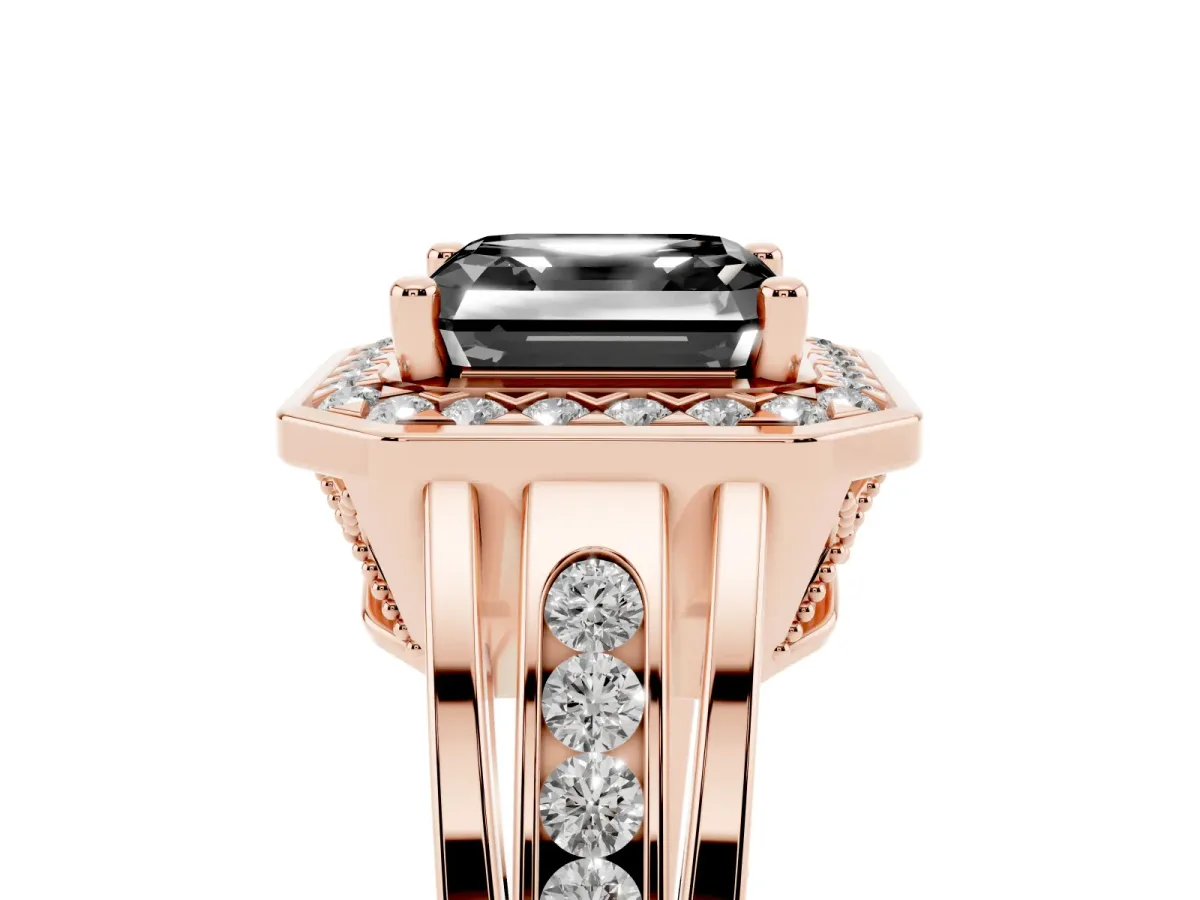 Fancy Black Asscher Cut Diamond Halo Ring with Split Shank and Bezel Accents and Prong Setting Rose gold
