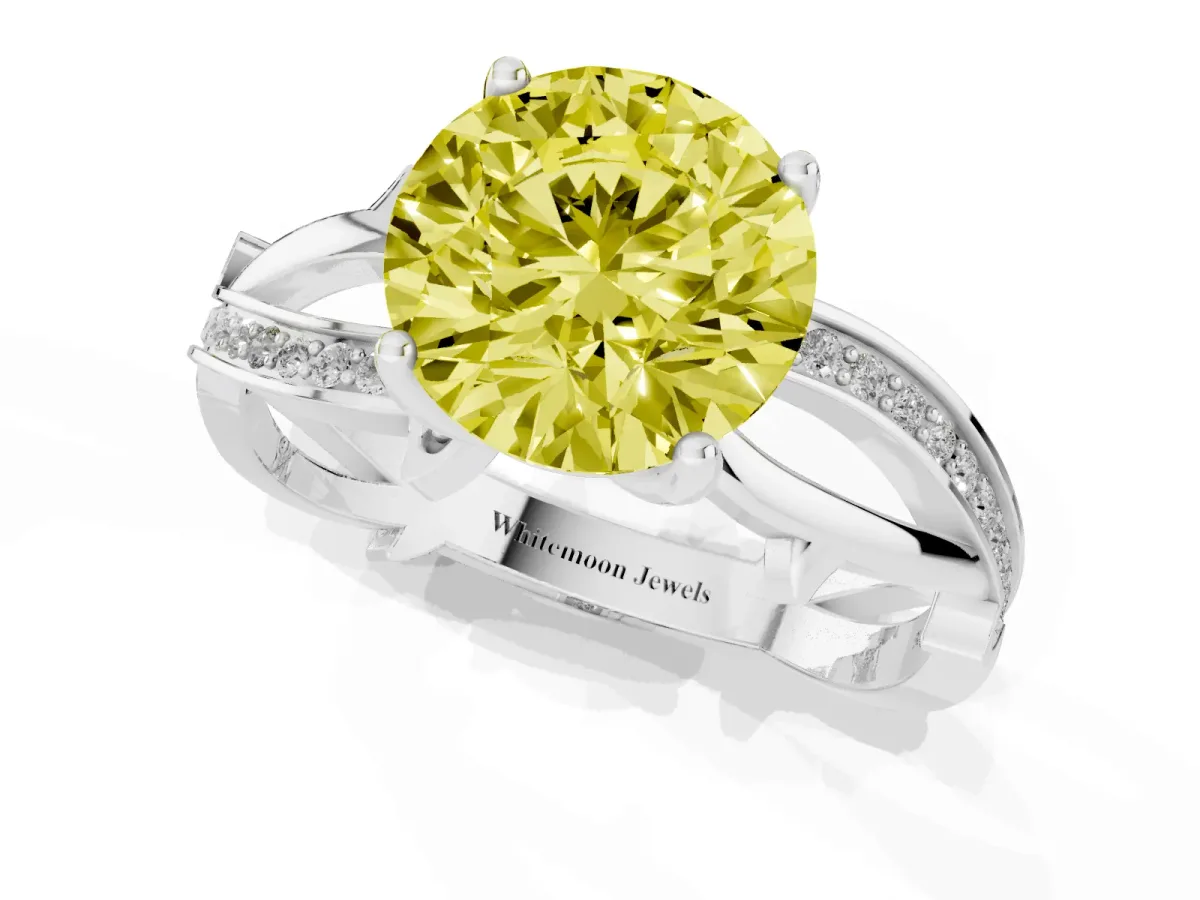 Fancy Yellow Round Cut Solitaire Twist Band with Pavé Accents and Four-Prong Setting White gold