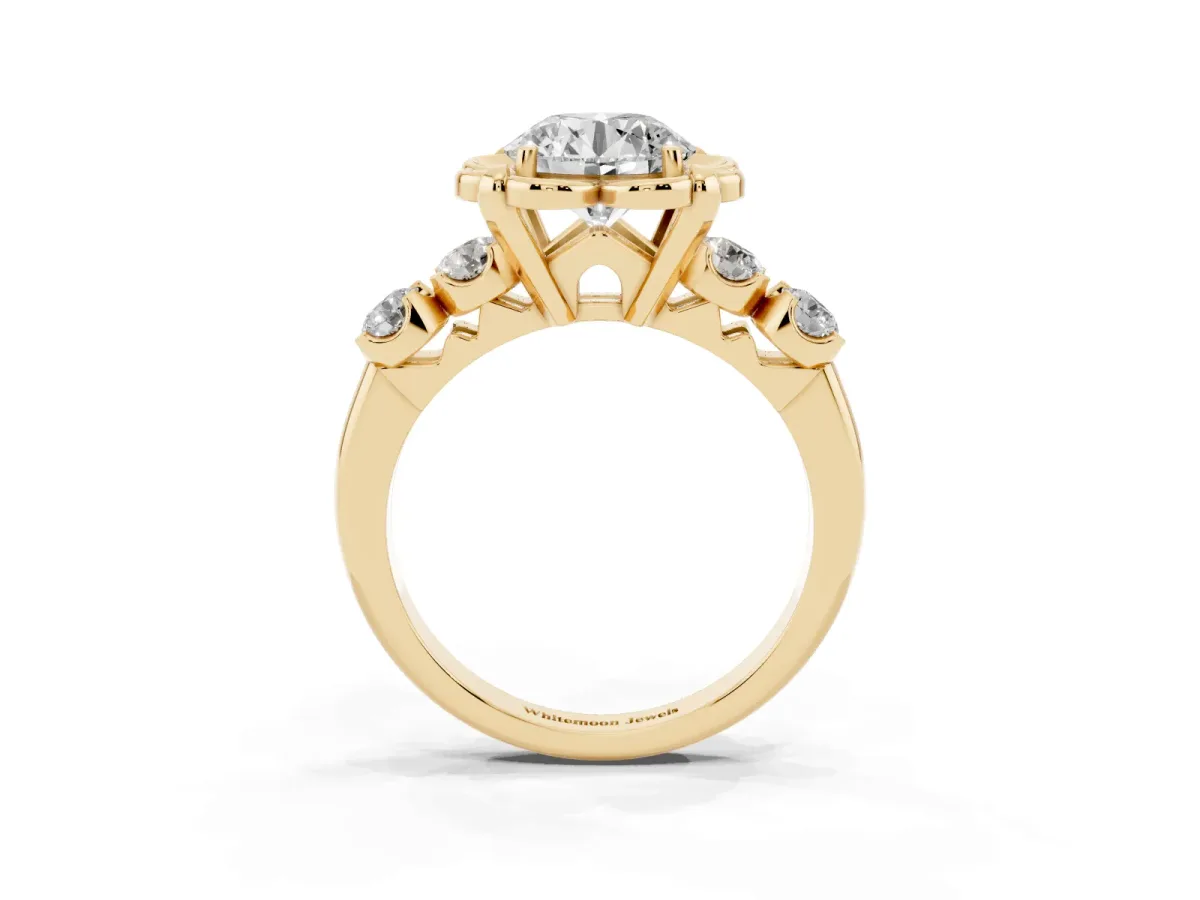 Round Cut Cut Diamond Floral Halo Engagement Ring with Shared Prong Setting Yellow gold