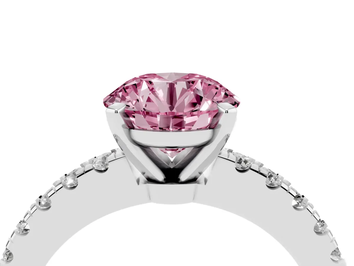 Fancy Pink Round Cut Solitaire Diamond with Pavé Band and Four-Prong Setting Silver