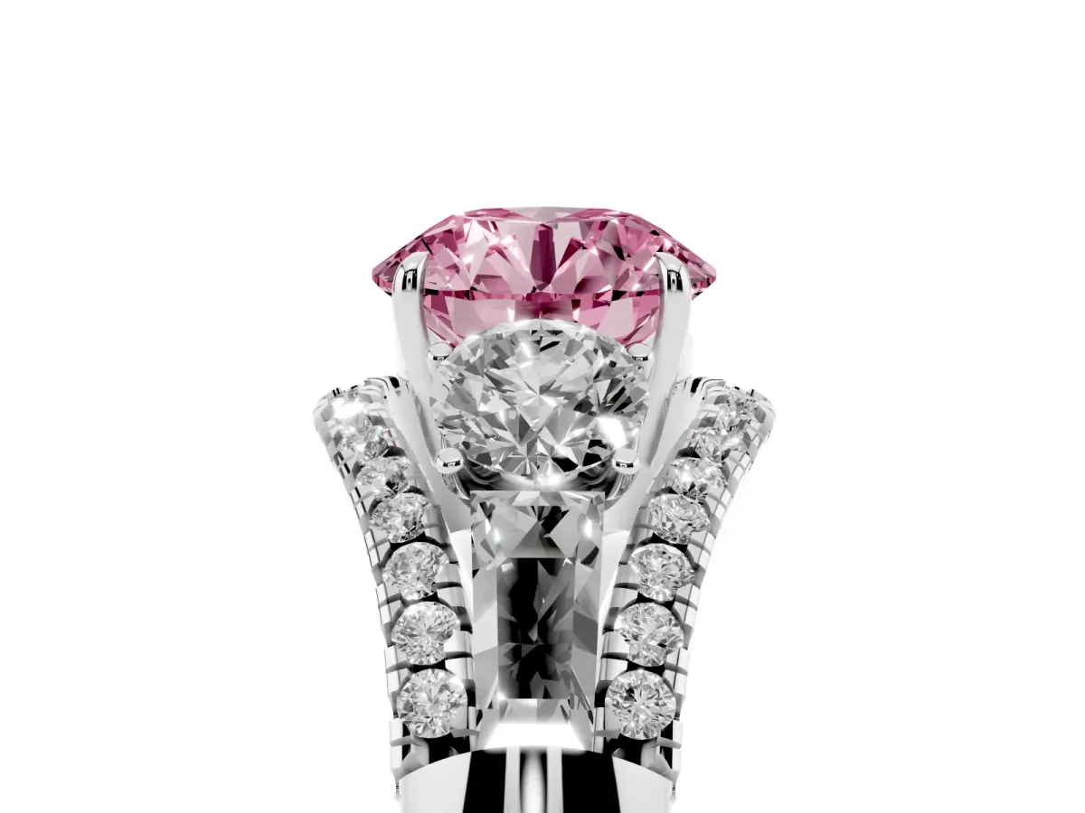 Fancy Pink Three-Stone Round Cut Diamond Engagement Ring with Pave Band and Prong Setting Silver