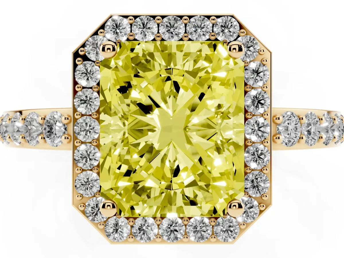 Fancy Yellow Radiant Cut Halo Diamond Pavé Band Ring with Prong Setting Yellow gold