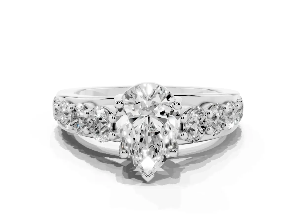 Pear Cut Diamond Engagement Ring with Pavé Band and Four-Prong Setting Platinum