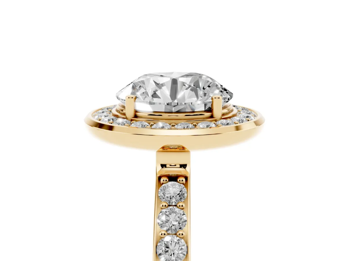 Round Cut Diamond Halo Ring with Bezel Frame and Pavé Band Yellow gold