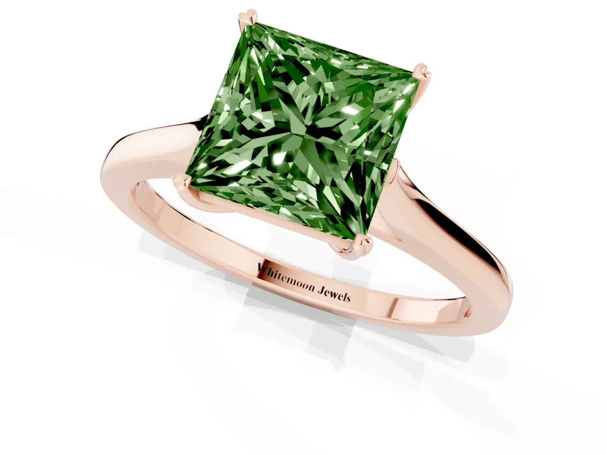 Fancy Green Princess Cut Solitaire Heart Prong Engagement Ring with Tapered Band Rose gold