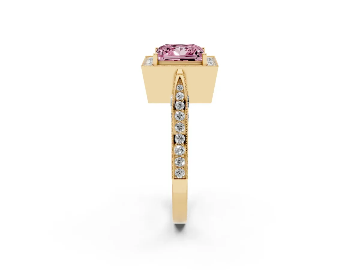 Fancy Pink Princess Cut Halo Diamond Engagement Ring with Split Shank Band and Four-Prong Setting Yellow gold