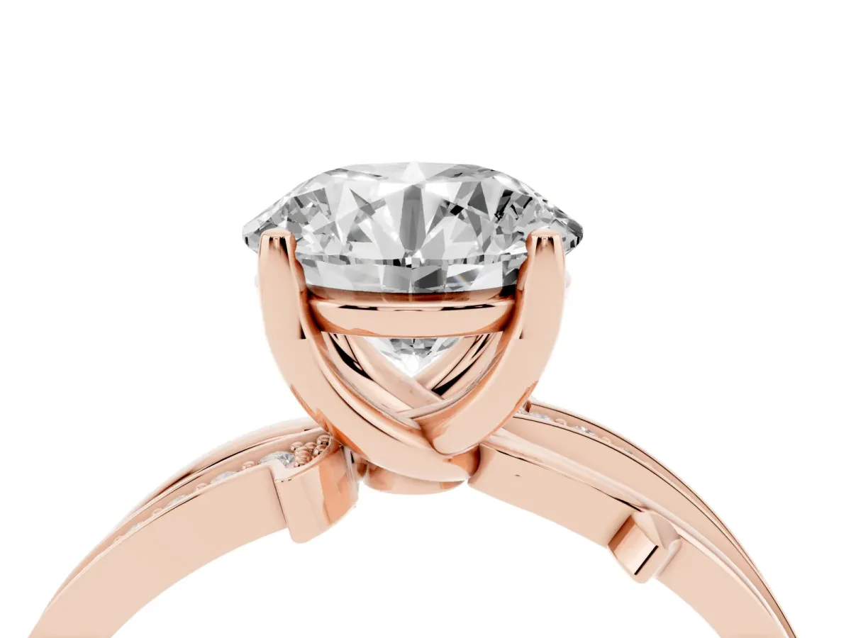 Round Cut Solitaire Twist Band with Pavé Accents and Four-Prong Setting Rose gold