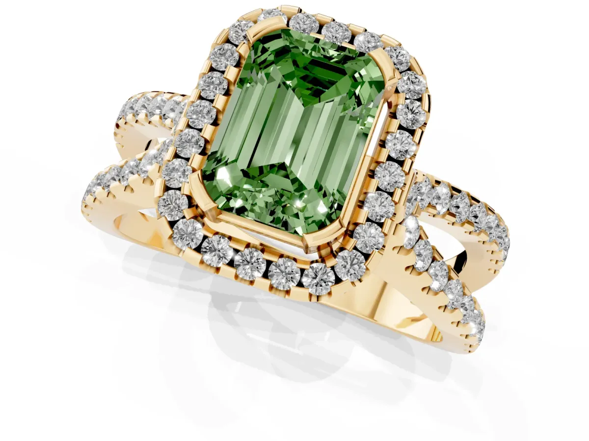 Fancy Green Emerald Cut Diamond Halo Ring with Split Shank Pavé Band and Prong Setting Yellow gold