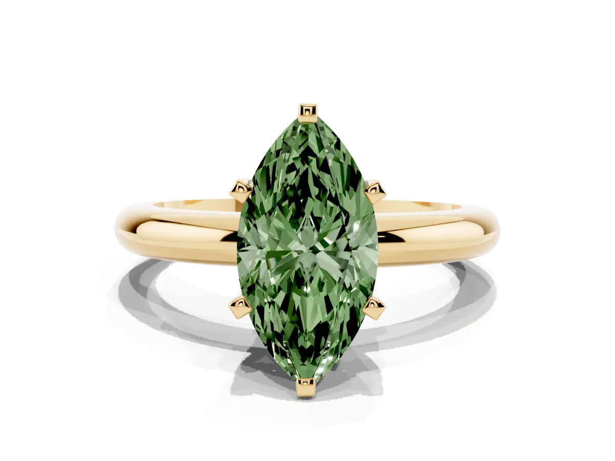 Fancy Green Marquise Cut Diamond Solitaire Engagement Ring with Round Band and Four-Prong Setting Yellow gold