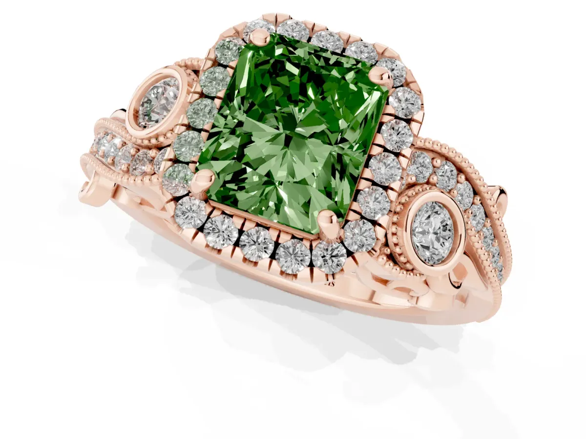 Fancy Green Radiant Cut Halo Diamond Ring with Milgrain and Bezel Accents on a Split Shank Band Rose gold