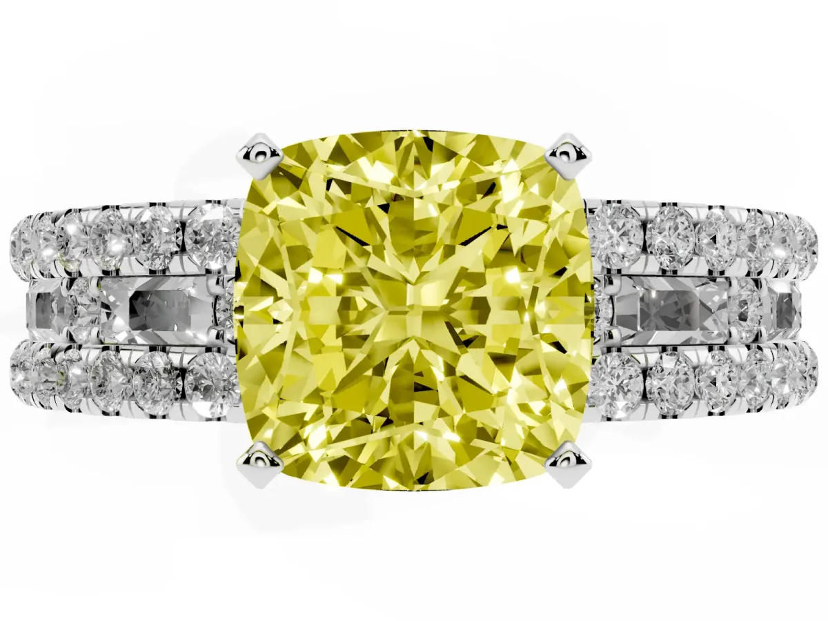 Fancy Yellow Cushion Cut Diamond Solitaire Ring with Pavé and Channel Set Band Platinum