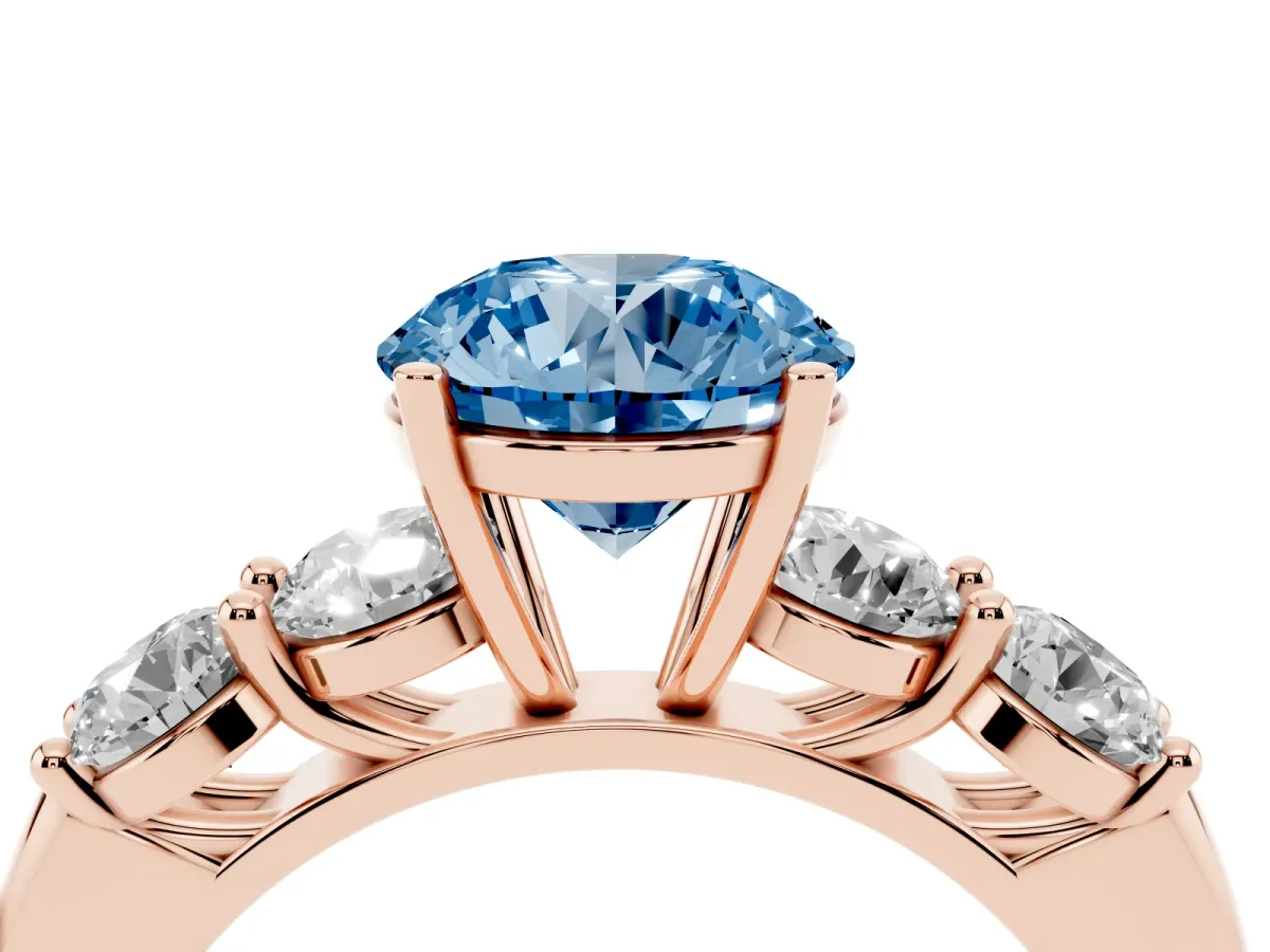 Fancy Blue Round Cut Cut Five-Stone Prong Set Diamond Ring with Classic Band Rose gold
