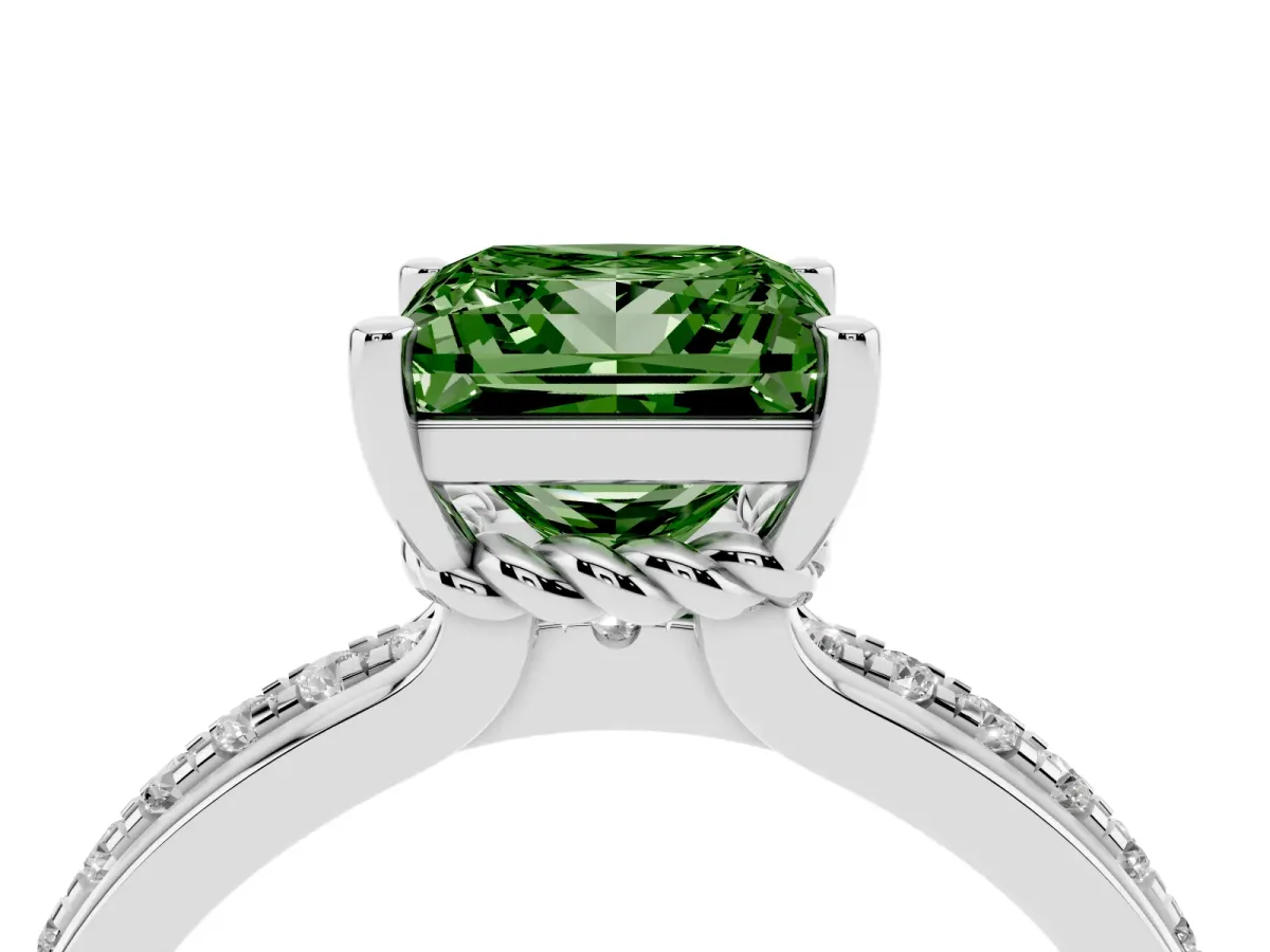 Fancy Green Princess Cut Solitaire Diamond Ring with Channel Set Band and Six-Prong Setting Silver