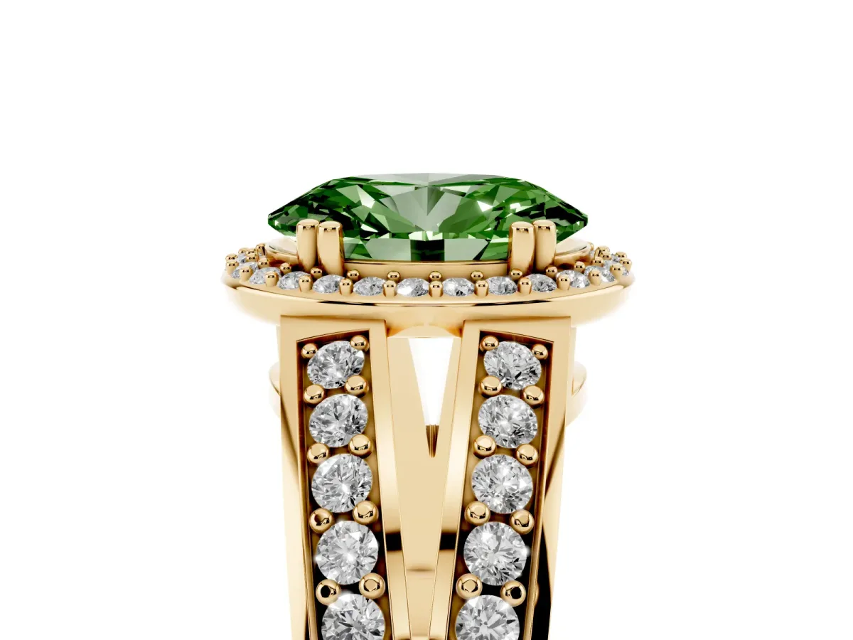 Fancy Green Oval Cut Diamond Halo Ring with Split Shank Pavé Band and Four-Prong Setting Yellow gold