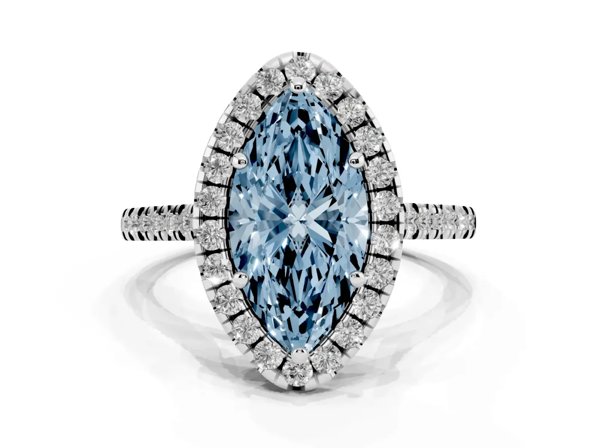 Fancy Blue Marquise Cut Diamond Cushion Halo Ring with Pavé Band Platinum