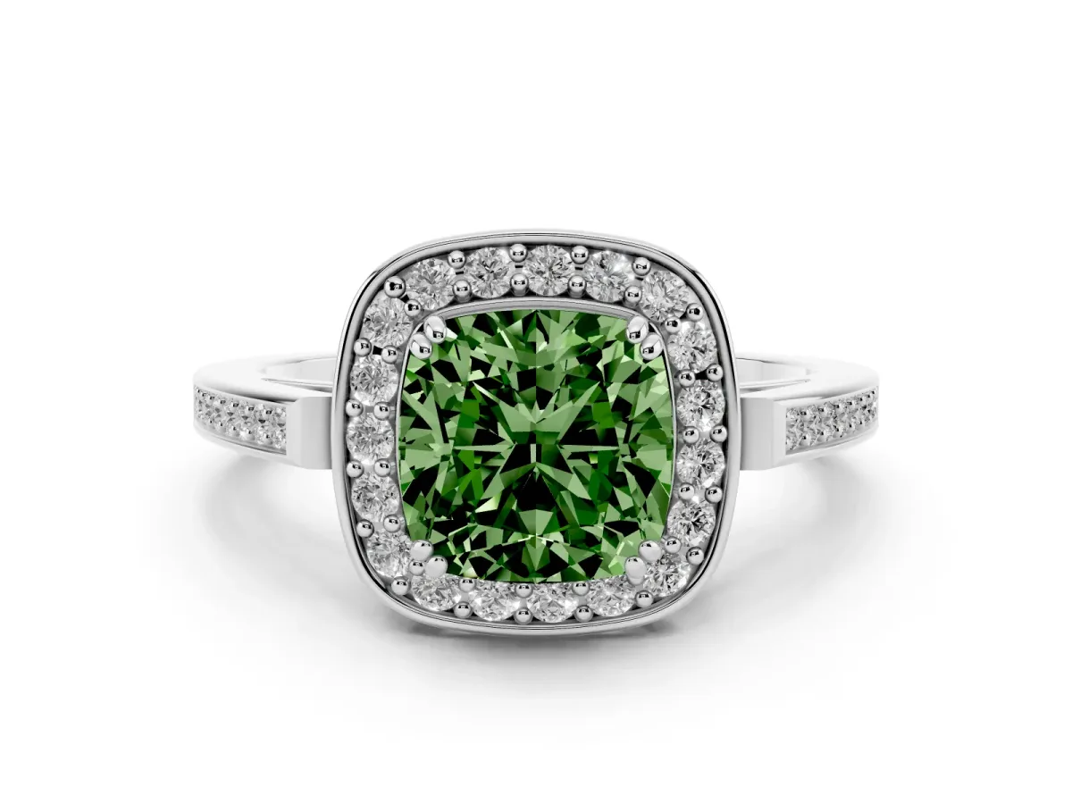 Fancy Green Cushion Cut Diamond Halo Ring with Split Shank and Four-Prong Setting Silver
