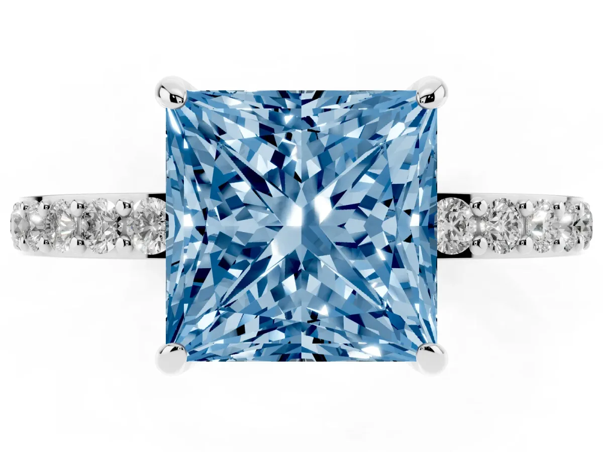 Fancy Blue Princess Cut Diamond Solitaire Engagement Ring with Pavé Band and Four-Prong Setting Silver