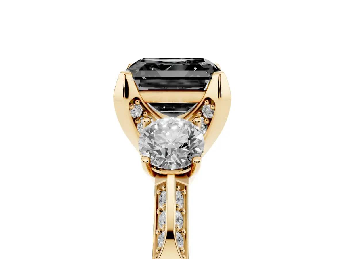 Fancy Black Asscher Cut Brilliant Three-Stone Diamond Ring with Pavé Band and Four-Prong Setting Yellow gold